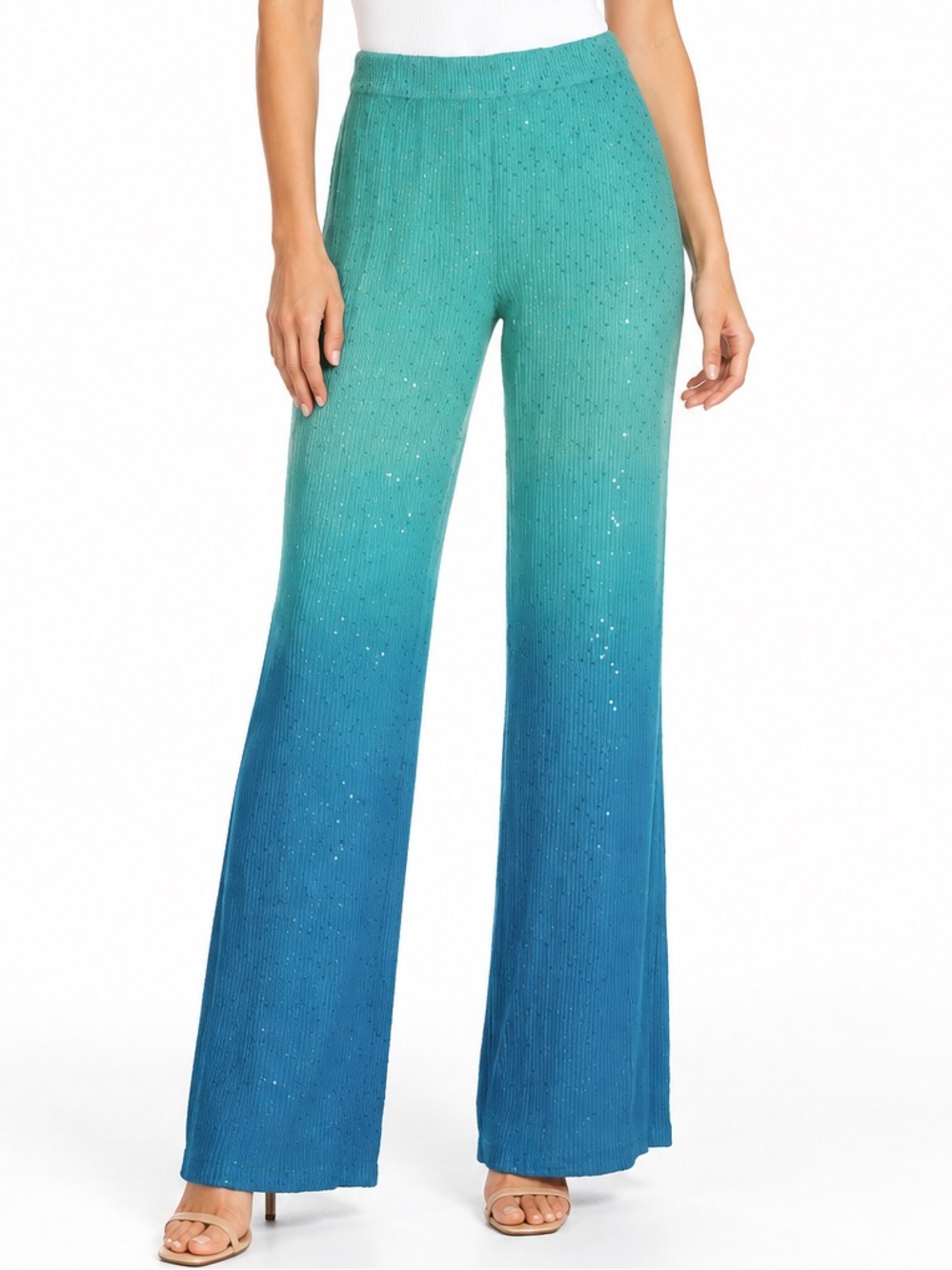 Boston Proper Ombré Sequin Wide Leg Pants Turquoise Blue XL 18 Resortwear Cruise